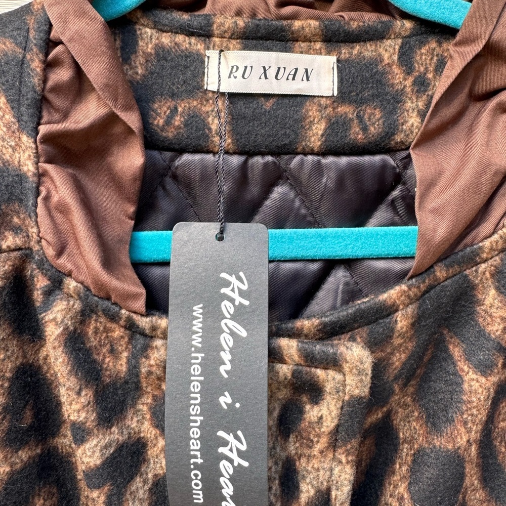RuXuan Woman’s XL Helen Heart Leopard Print Swing Coat Ruffle Trim 3/4 Quarter - Picture 3 of 14
